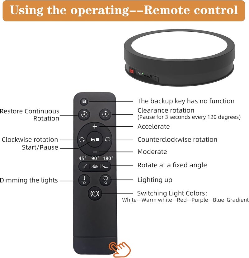 JAYEGT Variety Colors LED Light Base Non-Slip Rotating Display Stand , 66Lbs Load,360 Photography Turntable for Products Shows, Glass Crystal Artwork, Jewelry,Remote control (12.6inch / 6Color LED Light / Black/Rechargeable) - Image 5